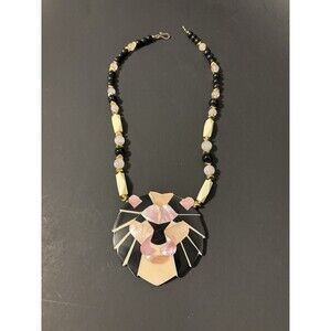 Lee Sands Lion Face Mother of Pearl & Agate Elegant Statement Beaded Necklace